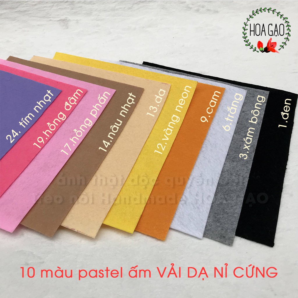 Vải nỉ cứng combo 10 màu pastel ấm 22cm HOA GẠO GNCB2B khổ nhỏ, vải dạ cứng làm sách vải, diy  dễ cắt dán