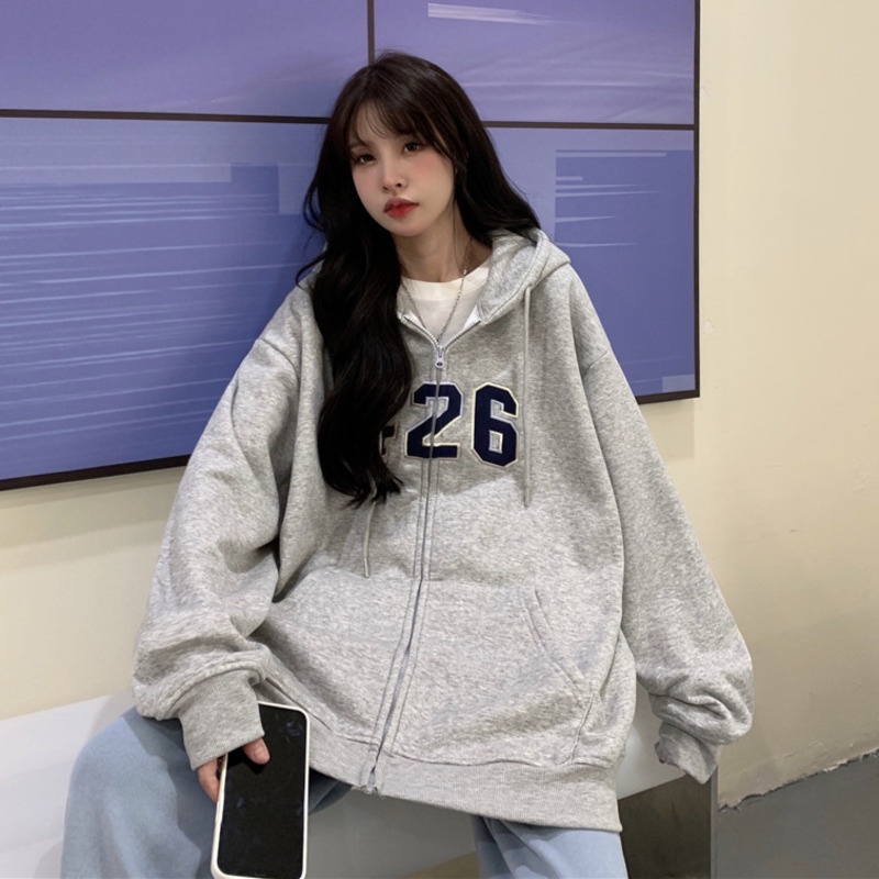 Áo Khoác Khóa Kéo Có Nón In Hình Kỹ Thuật Số Phong Cách Hip Hop Harajuku Cơ Bản Dễ Phối Đồ Mùa Thu Đông