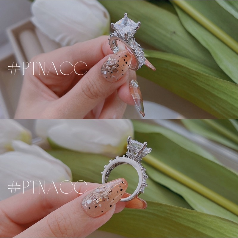 ᴾᵀᴺᵃᶜᶜ Nhẫn xi bạch kim soàn paguet vuông . N9812VACX