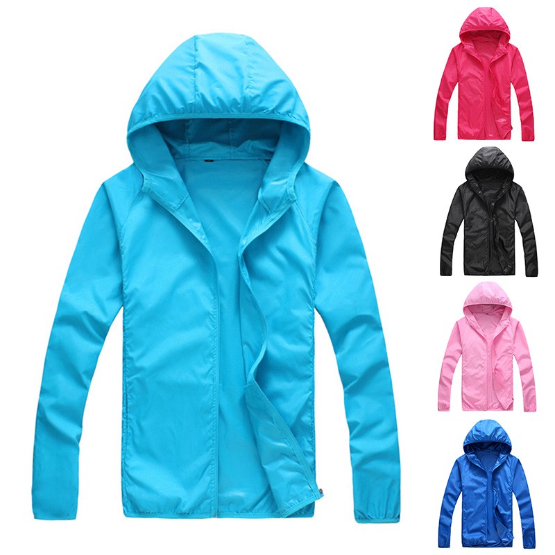 Mens Womens Hooded Rain Coat Sports Waterproof Windproof Jacket Solid Color