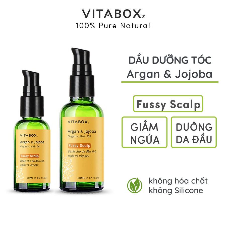 Dầu dưỡng tóc VITABOX Argan Jojoba – cho da đầu khô, ngứa, vảy gàu, chân tóc yếu - Fussy Scalp organic hair oil