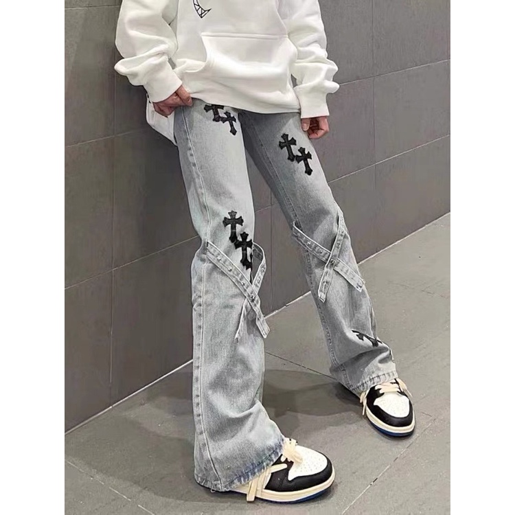 (Order)quần jeans chữ thập form rộng unisex ống loe nhẹ siêu cá tính(ảnh thật phía sau)