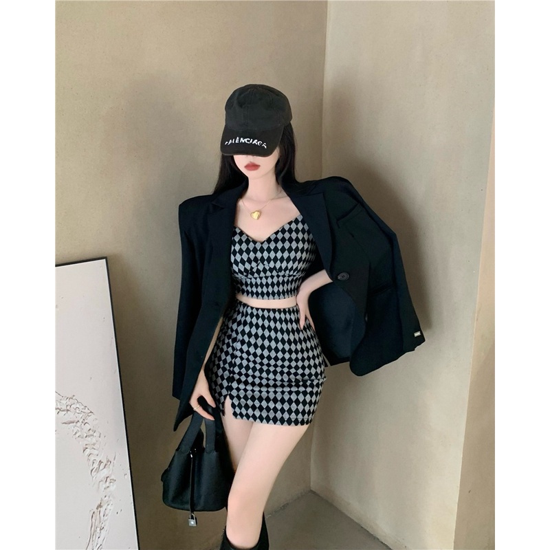 Bộ 2 món ZHELIHANGFEI áo dây dệt kim + chân váy cùng màu kẻ caro