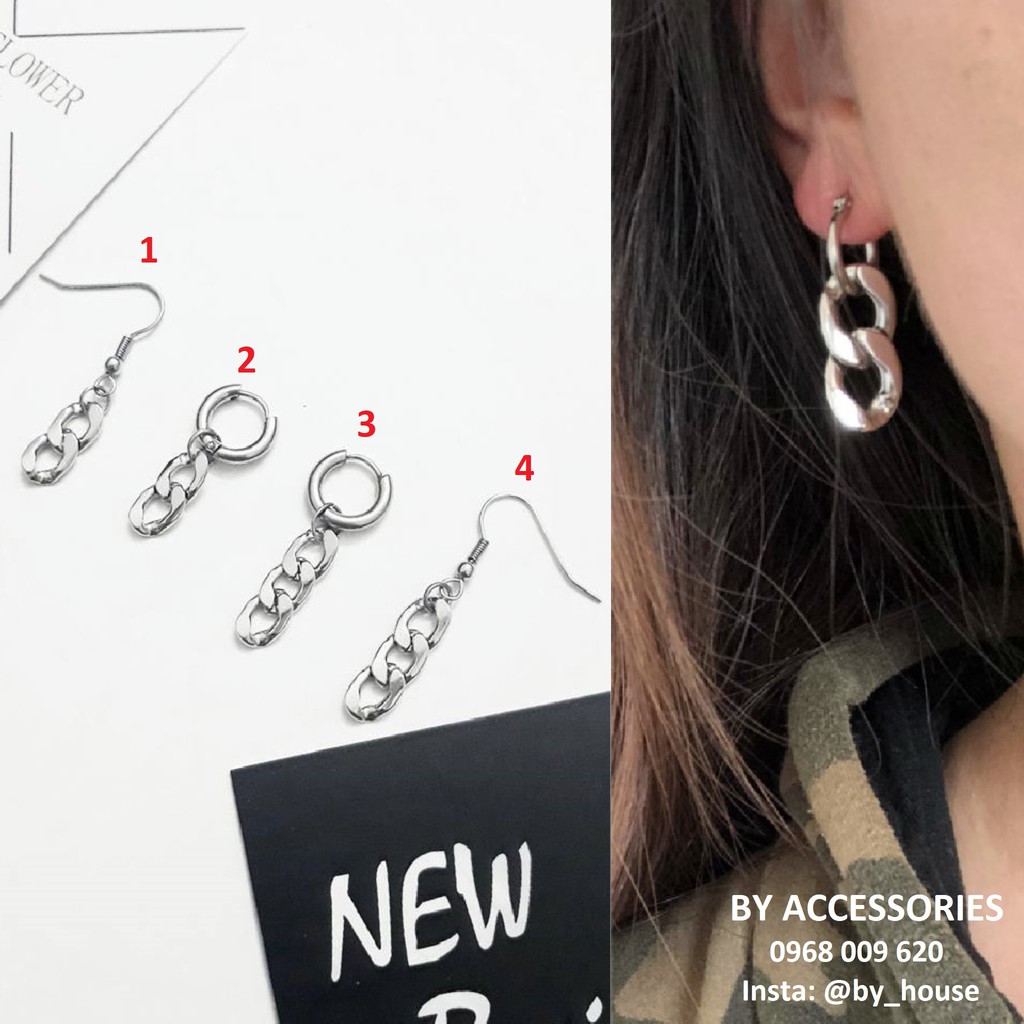 Khuyên tai titan unisex phối xích to cá tính không đen không gỉ