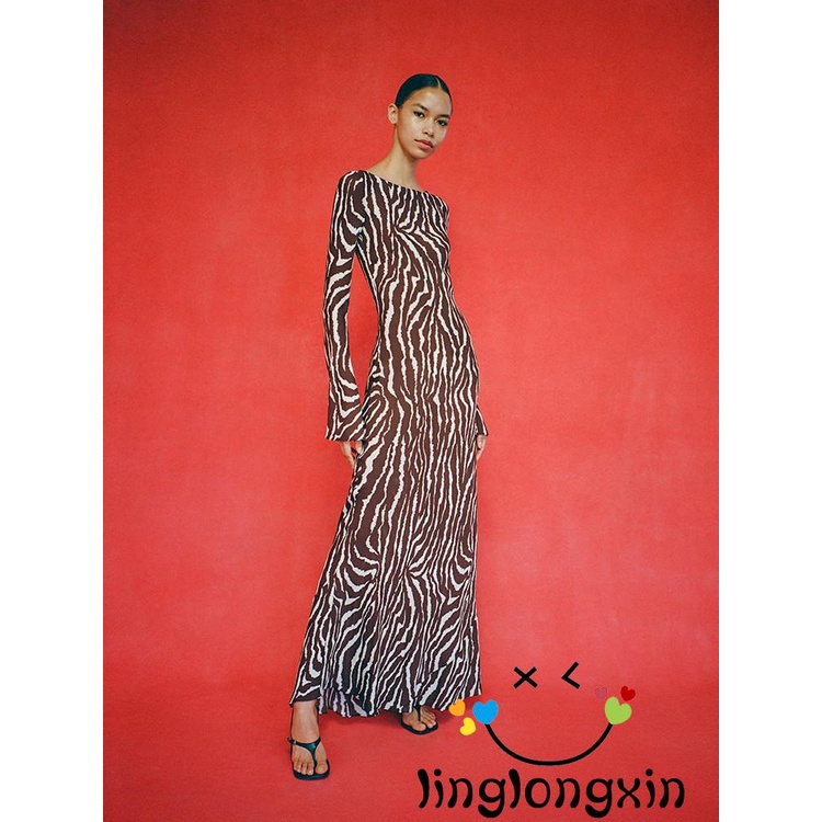 Đầm Dài Cổ Tròn Tay Loe In Họa Tiết Ngựa Vằn Phong Cách Thu Đông Cho Nữ Linglongxi2