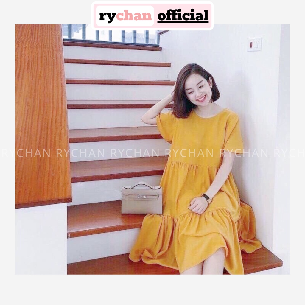 [ẢNH THẬT CUỐI] DS910 - Đầm Suông Nhún Tầng Đuôi Cá Đầm Vàng Tay Ngắn Form To Rộng Rãi Thoải Mái