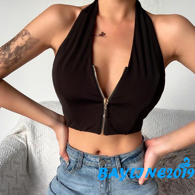 Áo Tank Top Hai Dây Cổ Chữ V Sâu Màu Trơn Có Khóa Kéo Gợi Cảm Cho Nữ