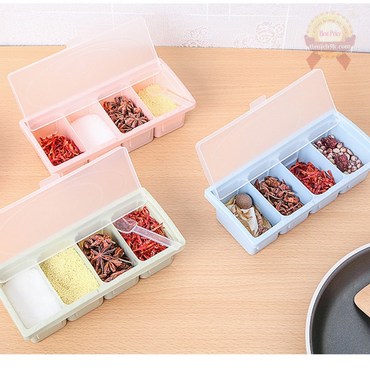 Hộp nhựa đựng gia vị 4 ngăn có nắp kèm muỗng đa năng