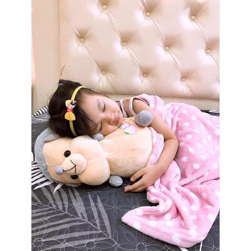 Gối gấu bông nhím  xinh  xám có kèm chăn 3in1 siêu mền mịn