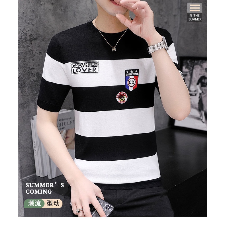 Áo Thun Lụa Lạnh Tay Ngắn Cổ Tròn Ôm Dáng Thêu Họa Tiết Kẻ Sọc Ngang Phong Cách Mới Mùa Hè Cho Nam