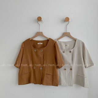 Blazer linen cổ vuông hai hàng cúc dáng ngắn