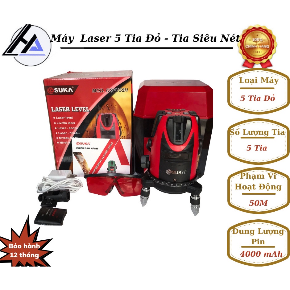 Máy cân mực laser, laze cân bằng 5 tia đỏ pin to loại 1 Số lượng tia: 1 tia ngang, 4 tia đứng, 1 tia dọi tâm...