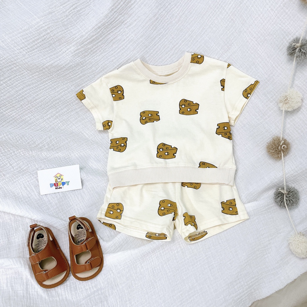 (BH027) (6-9kg) Bộ quần áo dành cho em bé gái (Puppy Kids) Hình phô mai, nền kem.