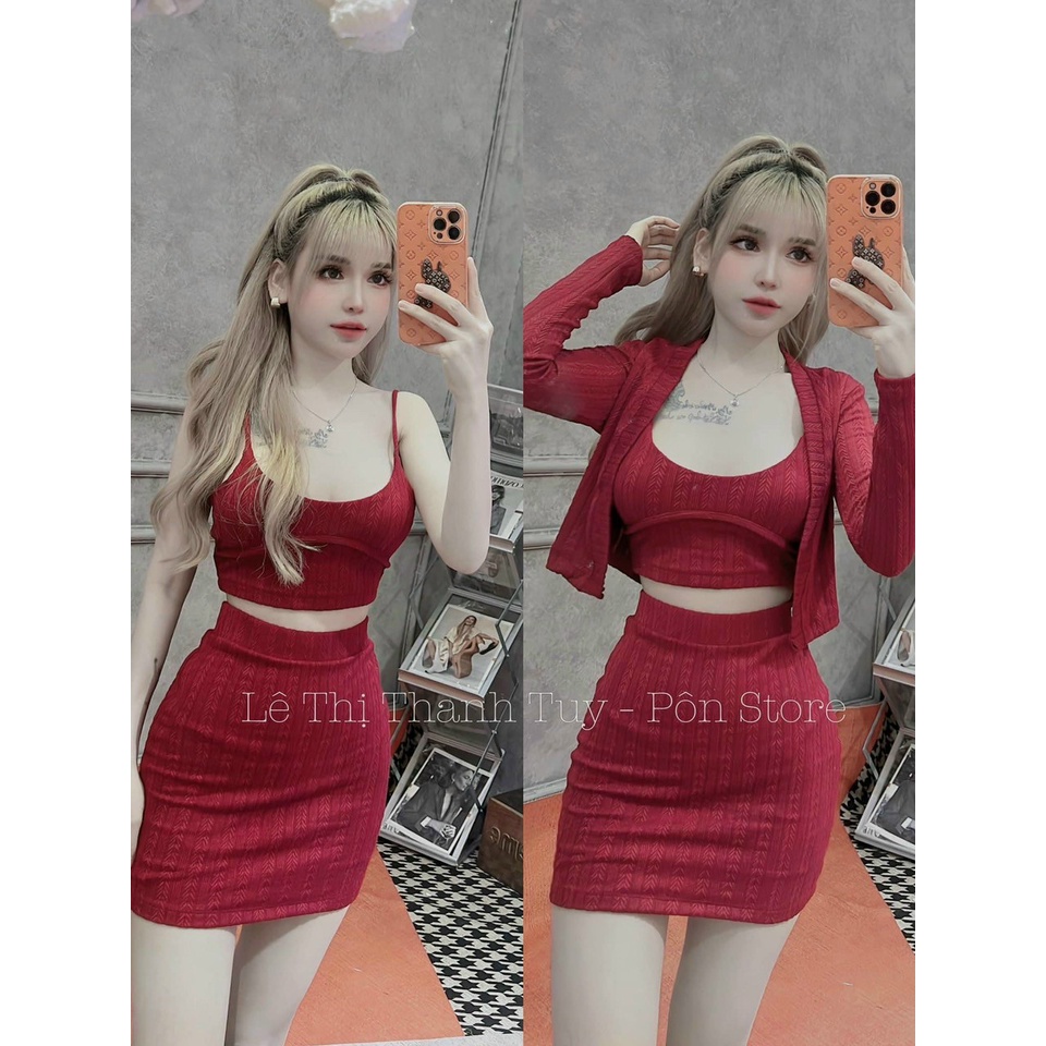 (FreeShip)Sét thiết kế 3 món 1 áo dây croptop kèm khoát mix chân váy ôm siêu xinh,chất len ren y mẫu hàng chuẩn shop