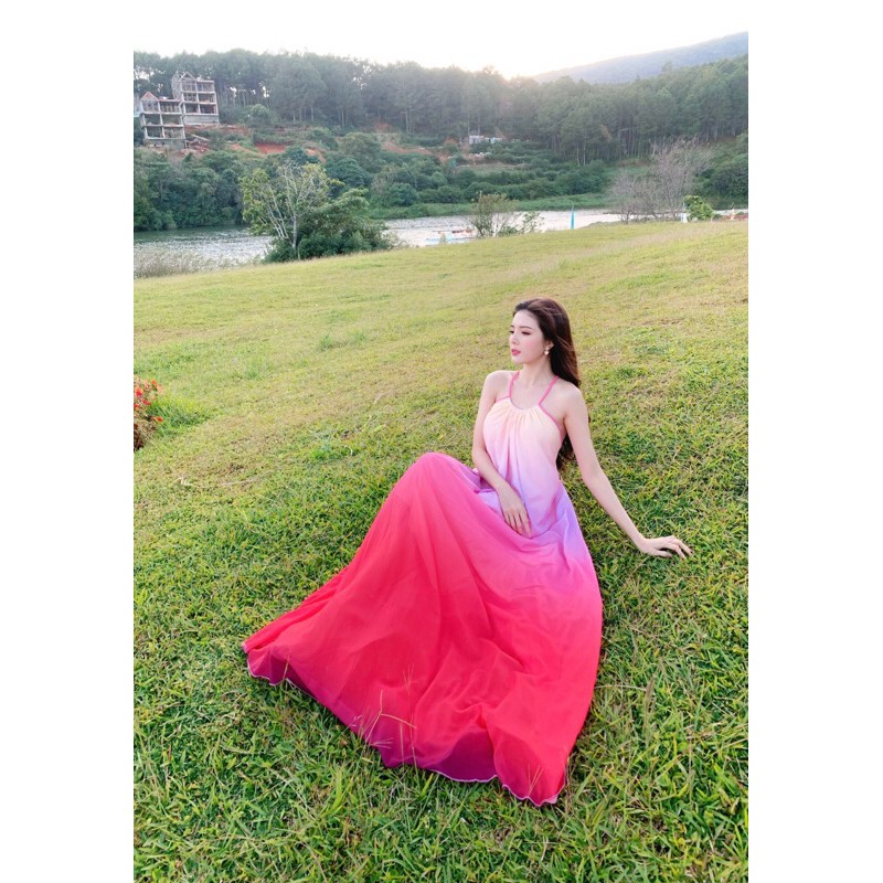 [LOẠI 1] 🌸Đầm maxi voan cổ yếm dáng suông loang màu đỏ hồng - red and pink chiffon maxi dress