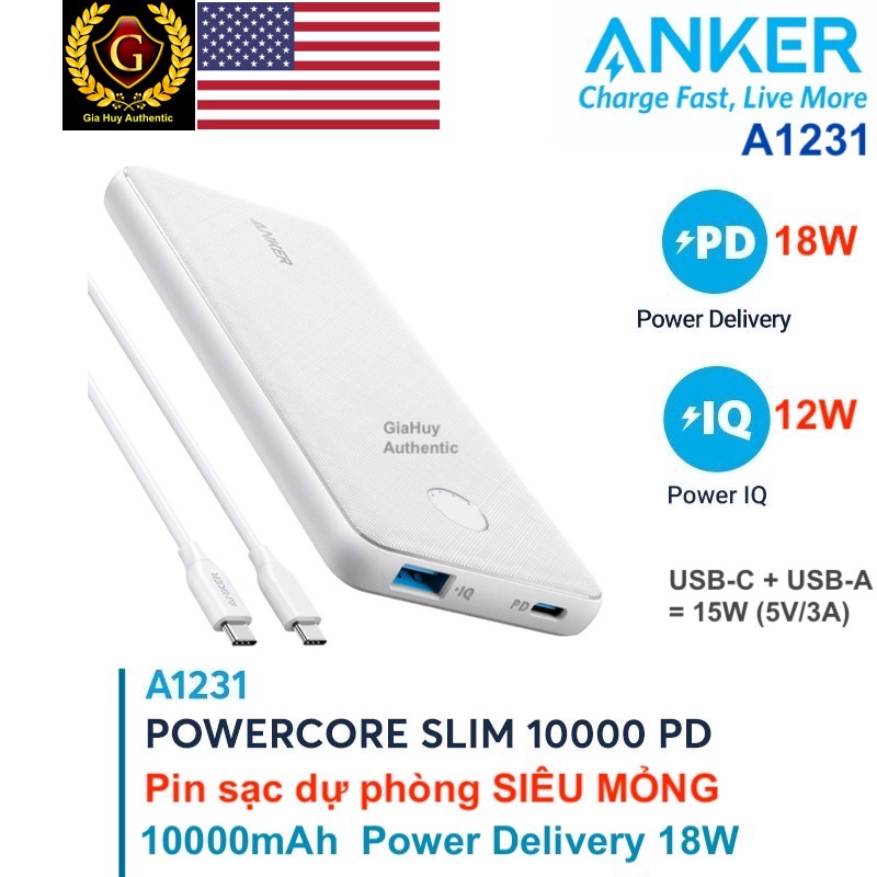 Pin sạc dự phòng cho iP11 Series, iP12 Series, iP13 Series ANKER A1231 PD 18W 10000mah siêu mỏng - Hàng chính hãng