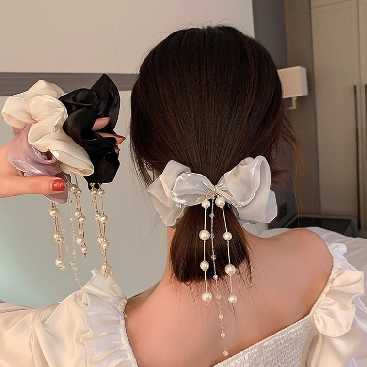 Dây Cột Tóc Cao Su Đính Hạt Ngọc Trai Và Tua Rua Phong Cách Hàn Quốc Mới