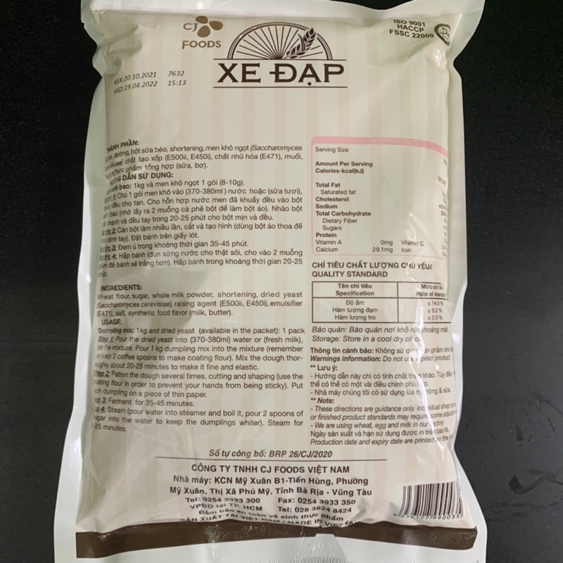 Bột bánh bao trộn sẵn xe đạp ( túi 1kg date 14/9/2022)