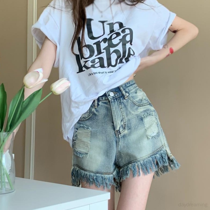 Quần Short Denim Mỏng Lưng Cao Dáng Ôm Kiểu Retro Hàn Quốc Cá Tính