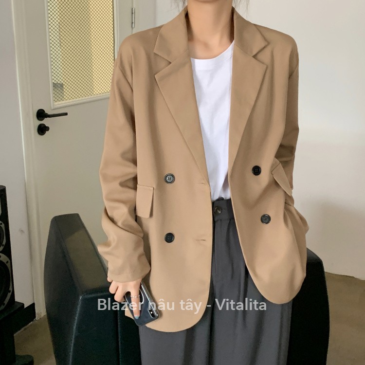 Áo Blazer nữ 2 lớp túi nắp [Ảnh Video thật] - Màu Đen / Nâu / Be / Kẻ nâu - chất vải dày dặn lên Form cực đẹp