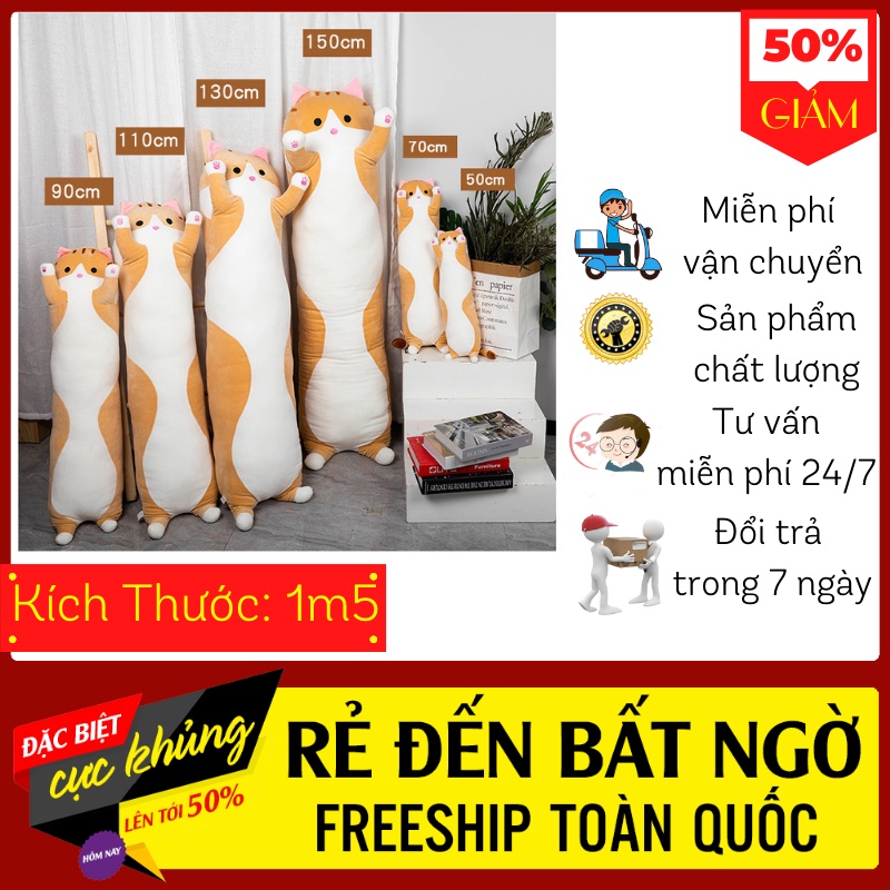 Gấu Bông, Gối Ôm Mèo Dài Dễ Thương giá rẻ mềm mịn nghộ nghĩnh, UPNOW, Kích thước 1m5