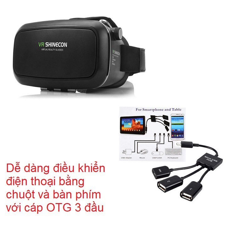 Khuyến mãi Kính thực tế ảo VR Shinecon + cáp OTG 3 đầu - Kính VR Box - Cáp OTG
