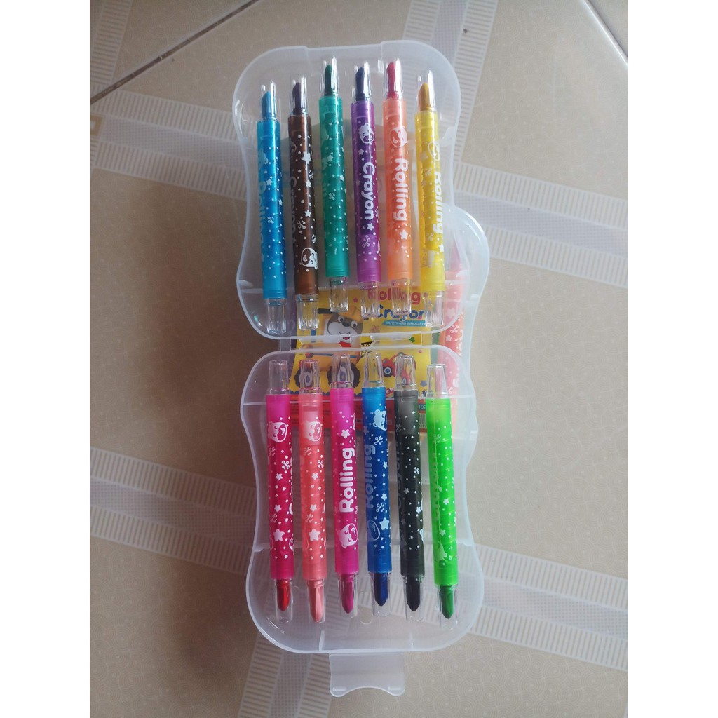 Sáp vặn 24, 18, 12 màu ngắn ROLLING CRAYON hộp nhựa, màu sắc tươi sáng