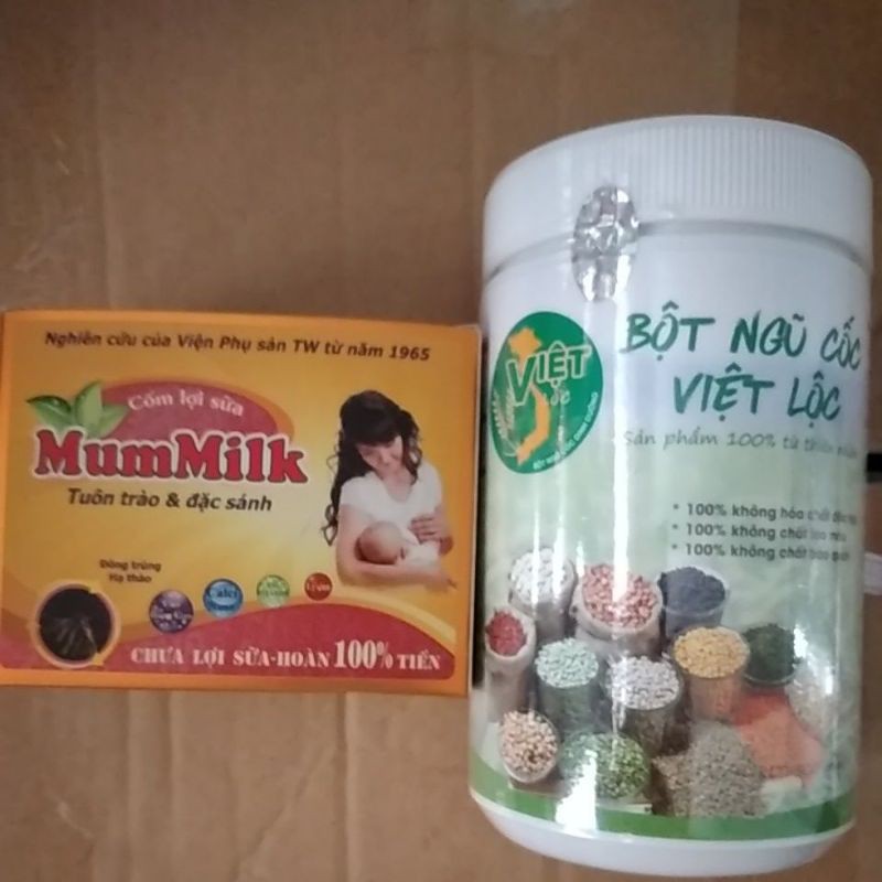 Combo siêu lợi sữa gồm 1 hộp bột ngũ cốc Việt Lộc và 1 hộp cốm lợi sữa Mummilk