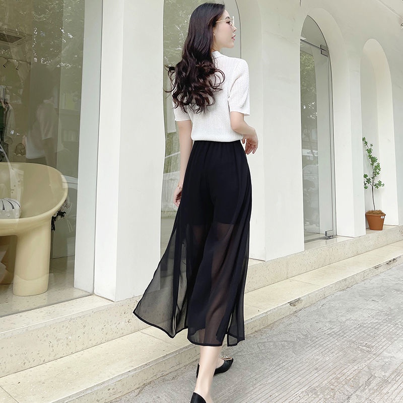 Quần Dài Ống Rộng Vải Voan Mỏng Eo Cao Xẻ Tà Kiểu Hàn Quốc Thời Trang Cho Học Sinh