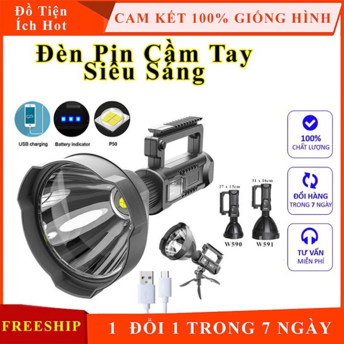 Đèn pin cầm tay siêu sáng chiếu xa 1000m chống thấm nước có chân đế W590 và W591 đèn pin