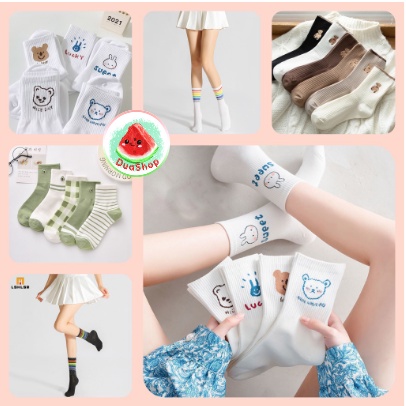 🍉Tất Cổ Cao/ Vớ Cổ Cao Nữ Trắng Dễ Thương Vải Cotton Co Giãn Thời Trang Hàn Quốc DUASHOP