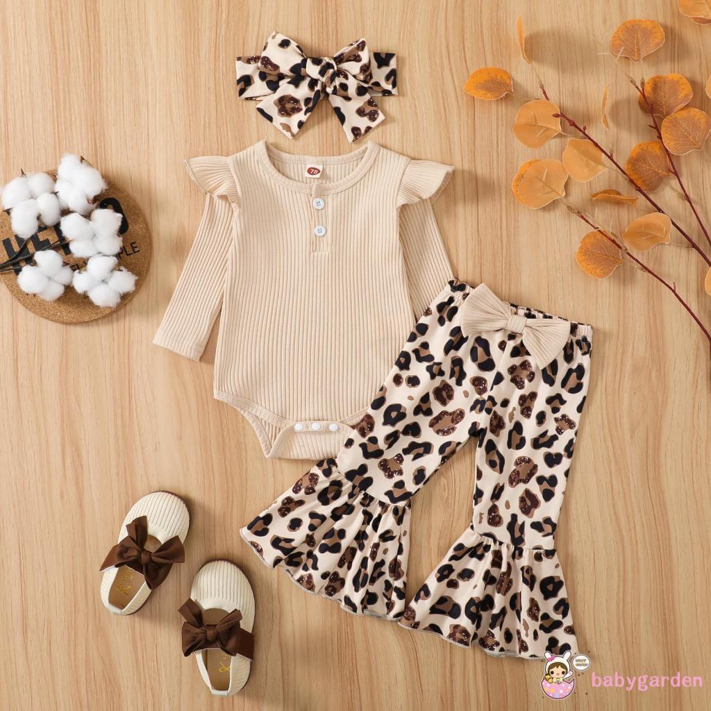 Bộ Áo Liền Quần Cổ Tròn Tay Cánh Tiên Màu Trơn + Quần Ống Loe Họa Tiết Da Báo / Bò Dành Cho Bé Gái 0-12 Tháng Tuổi