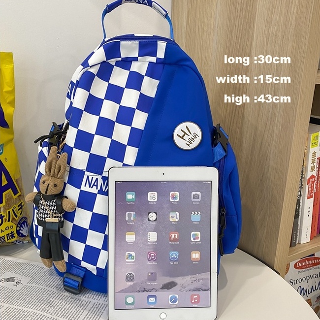 Ba Lô Đeo Vai Kích Thước Lớn In Họa Tiết Caro Màu Xanh Dương Thời Trang Cho Nam Và Nữ Sinh Trung Học
