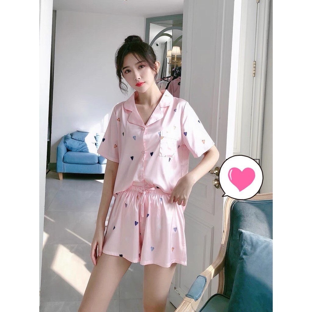 Vải xịn Pyjama đồ bộ mặc nhà sleepwear lụa satin cao cấp dễ thương phong cách Hàn quốc có tay áo quần đùi hình trái tim