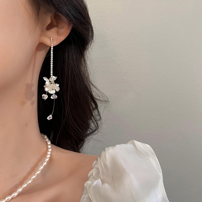 Khuyên Tai Dài Hình Bông Hoa Đính Đá Sang Trọng Thời Trang Hàn Quốc