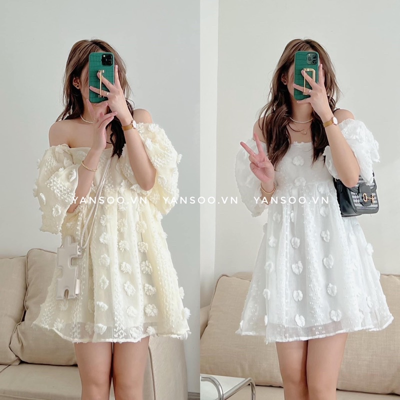 Váy babydoll trễ vai cổ vuông hoa nổi bánh bèo , váy tiểu thư tay bồng dáng xoè công chúa by YANSOO