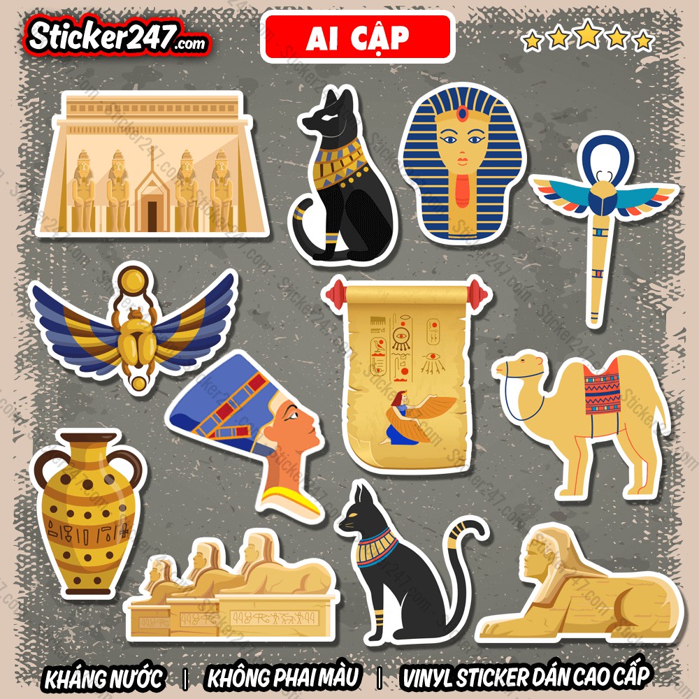 Sticker Ai Cập Cổ Đại 𝑭𝒓𝒆𝒆𝒔𝒉𝒊𝒑 Sticker Dán Mũ Bảo Hiểm, Dán Vali, Laptop, Đàn Guitar - Hình Dán Chống Thấm Nước