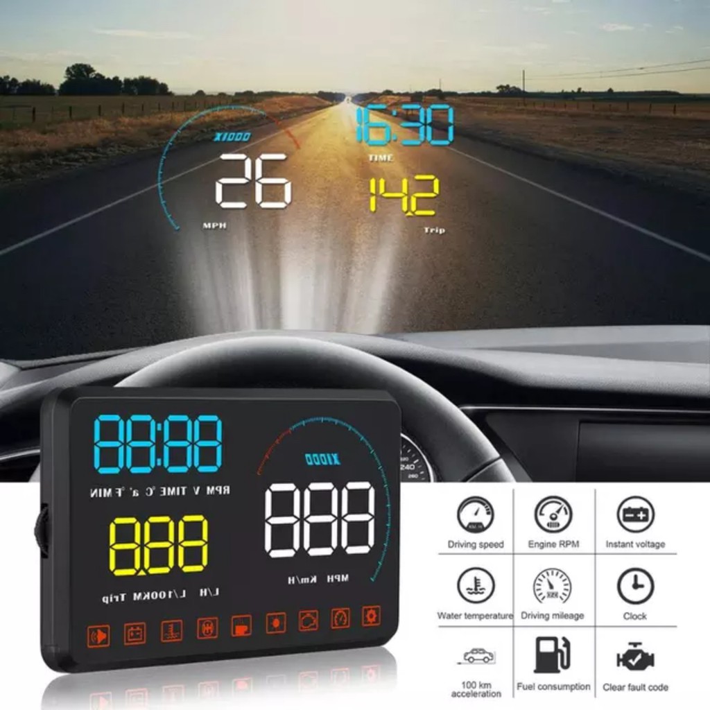 HUD A9 hiển thị tốc độ ô tô xe hơi vòng tua máy đồng hồ thời gian và cảnh báo tốc độ cắm cổng OBD2