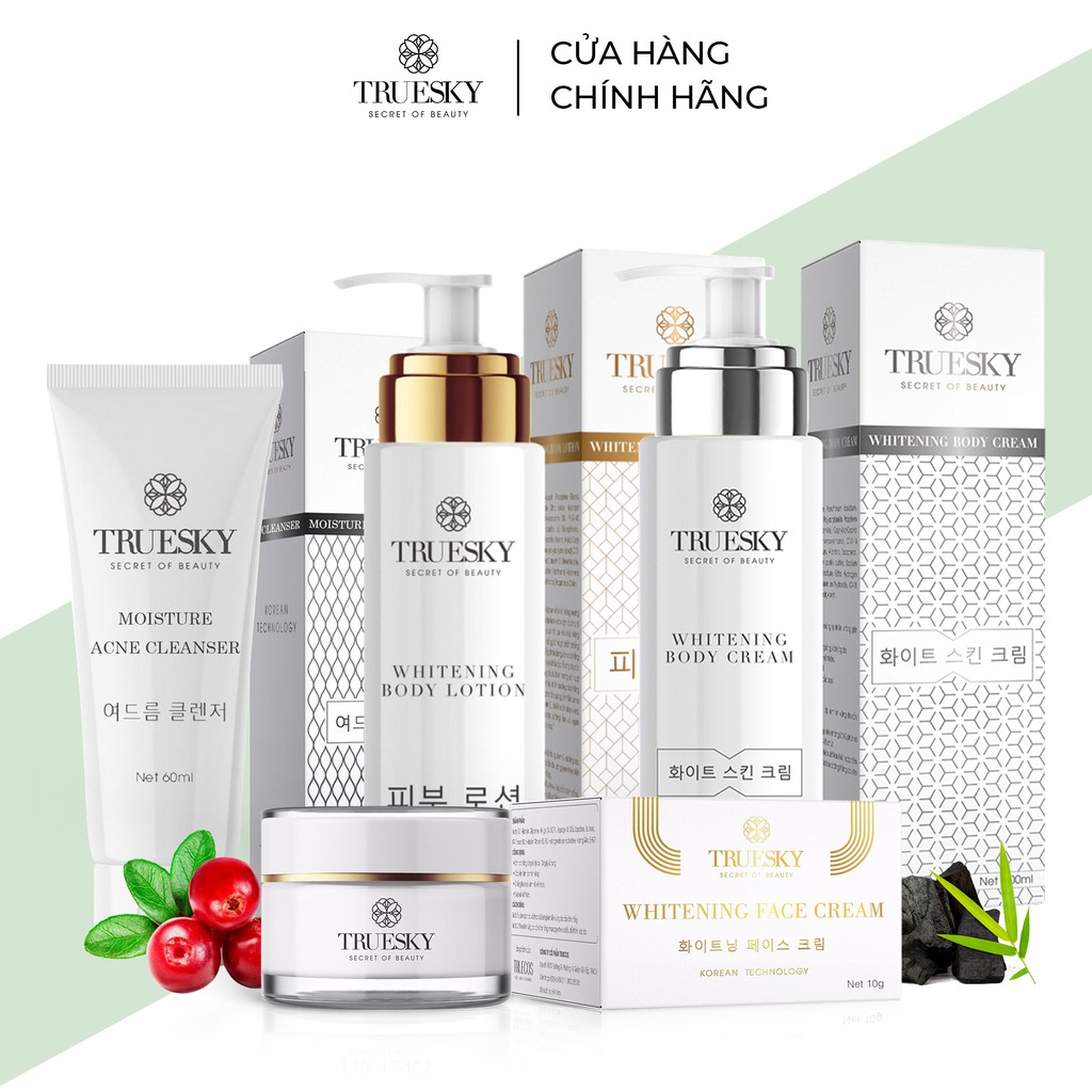 Bộ Truesky VIP03 gồm 1 dưỡng trắng da mặt 10g & 1 sữa rửa mặt 60ml & 1 ủ trắng body 100ml & 1 dưỡng trắng body 100ml