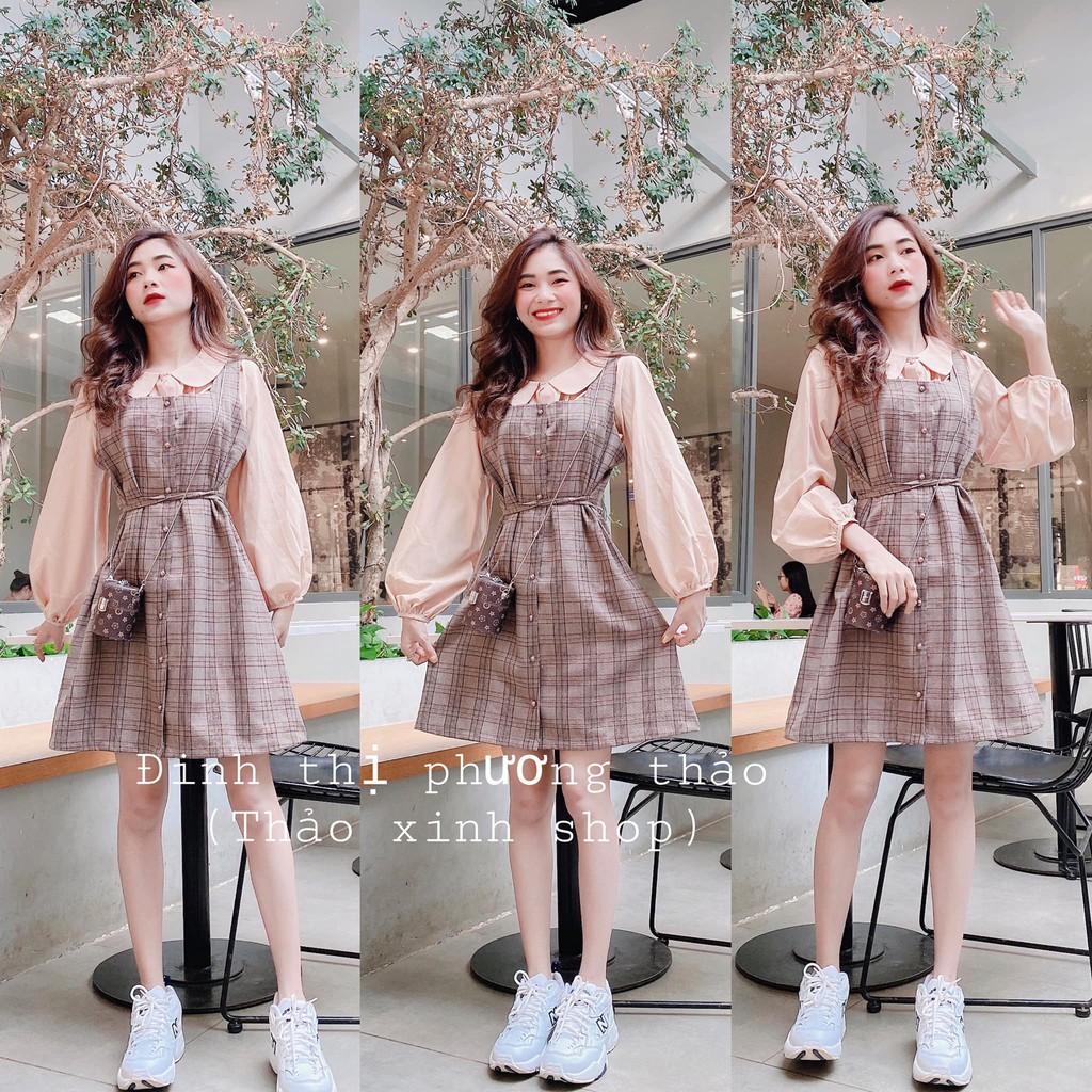 set yếm kẻ caro áo sơ mi bèo nâu tây vintage ullzang thảo xinh shop
