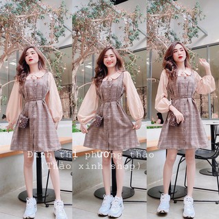 set yếm kẻ caro áo sơ mi bèo nâu tây vintage ullzang thảo xinh shop