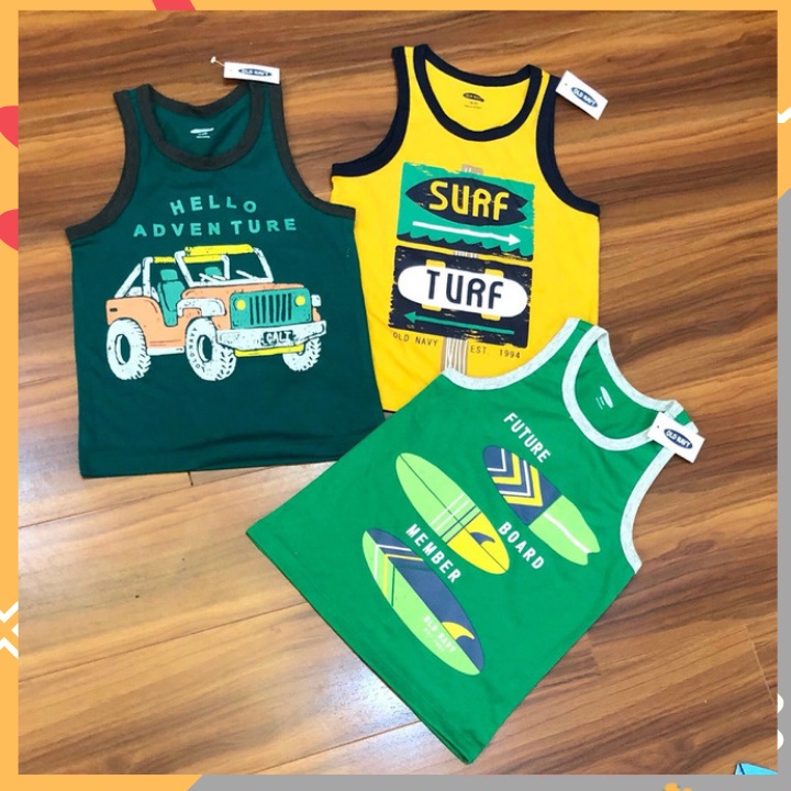 ÁO SÁT NÁCH BÉ TRAI XUẤT DƯ OLD NAVY CHẤT VẢI THUN COTTON IN HÌNH KHỦNG LONG, Ô TÔ CHO BÉ TỪ 12M-5Y TỐI ĐA 25KG