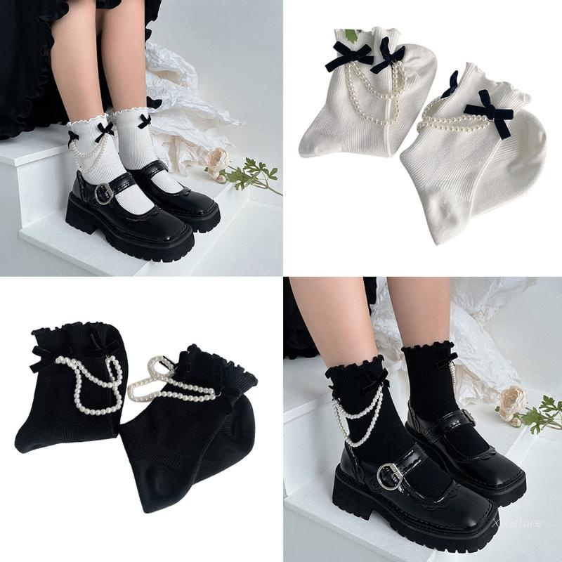 Vớ dệt kim nhung gân ngắn tới mắt cá viền bèo đính nơ phối dây ngọc trai giả phong cách Nhật Bản Gothic Lolita Vintage