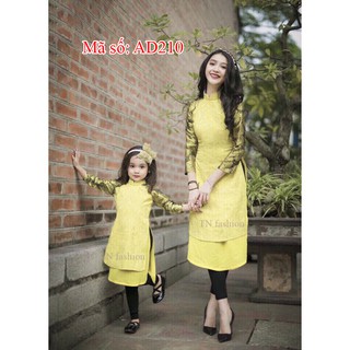 Set Áo Dài Cách Tân Mẹ và Bé CỔ TRỤ GẤM 2 TÀ PHỐI TAY HỌA TIẾT HOA HỒG