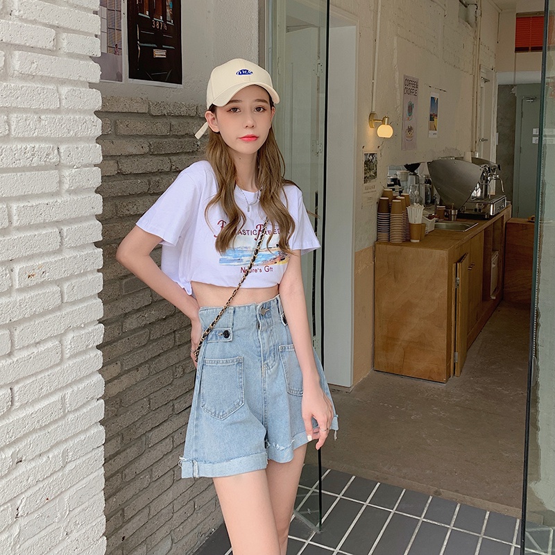 Quần Short Denim Lưng Cao Phong Cách Hàn Quốc Thời Trang Mùa Hè Cho Nữ