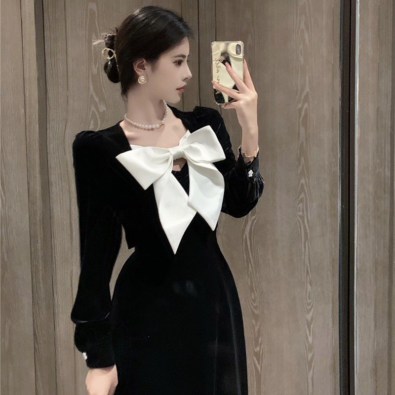 Đầm cổ V màu đen phong cách thời trang Pháp cổ điển cho nữ