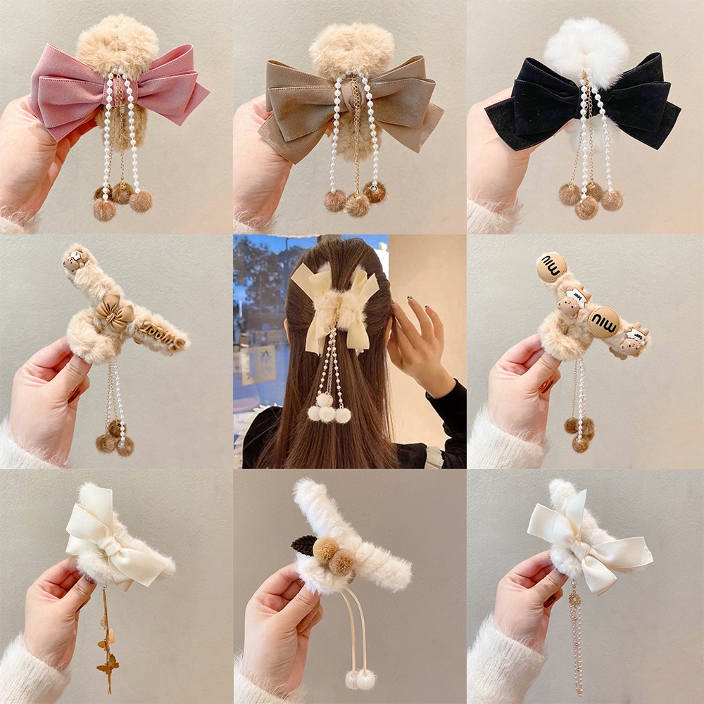 IF ME Kẹp Tóc Hình Nơ Phối Lông Nhiều Màu Sắc Ngọt Ngào