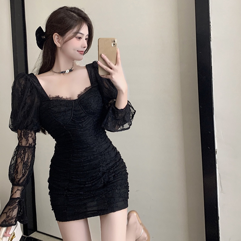 Jane Váy trễ vai tay áo phồng ren jacquard