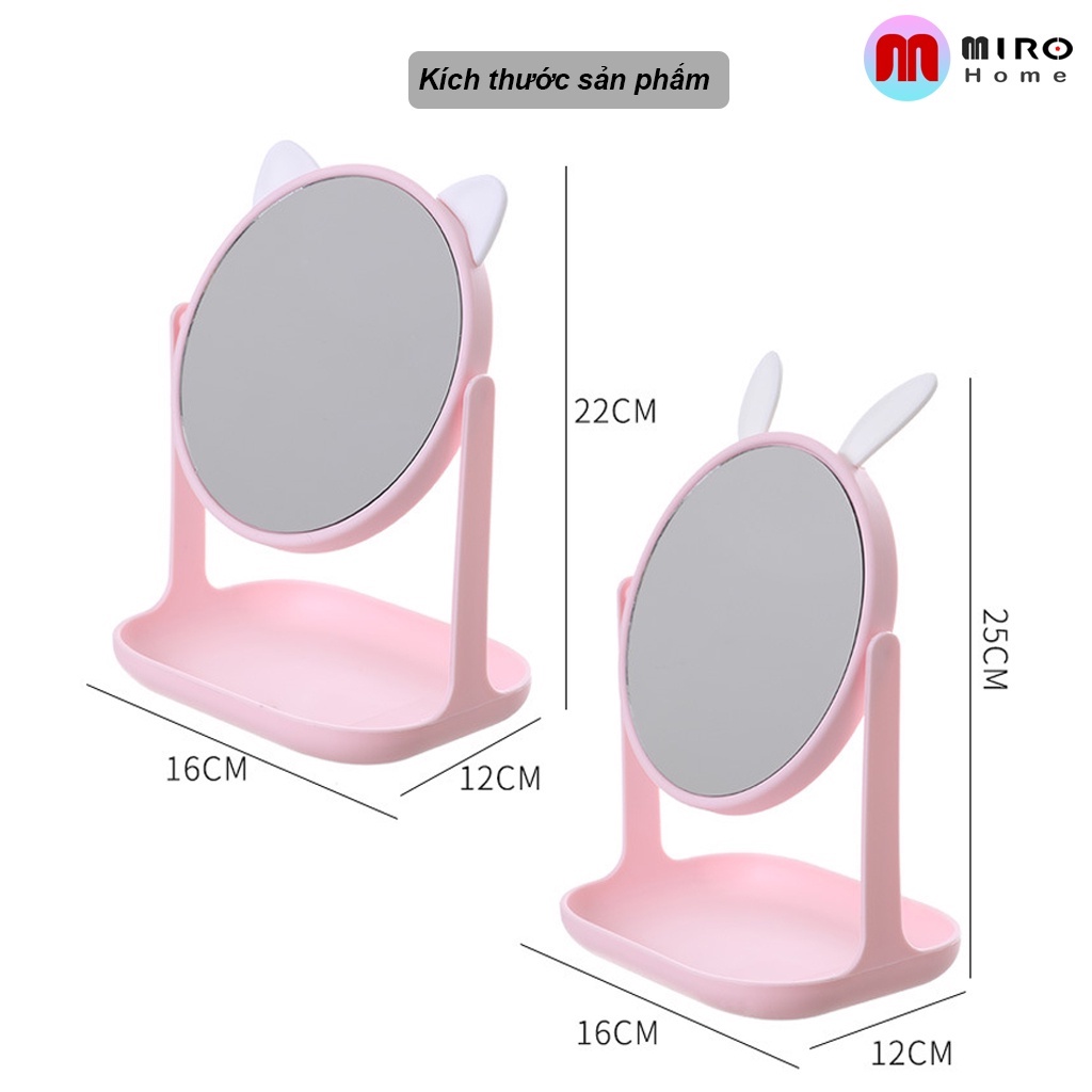 Gương trang điểm để bàn tai mèo, thỏ tiện lợi xoay 360 độ Có Giá Đỡ MIROHOME