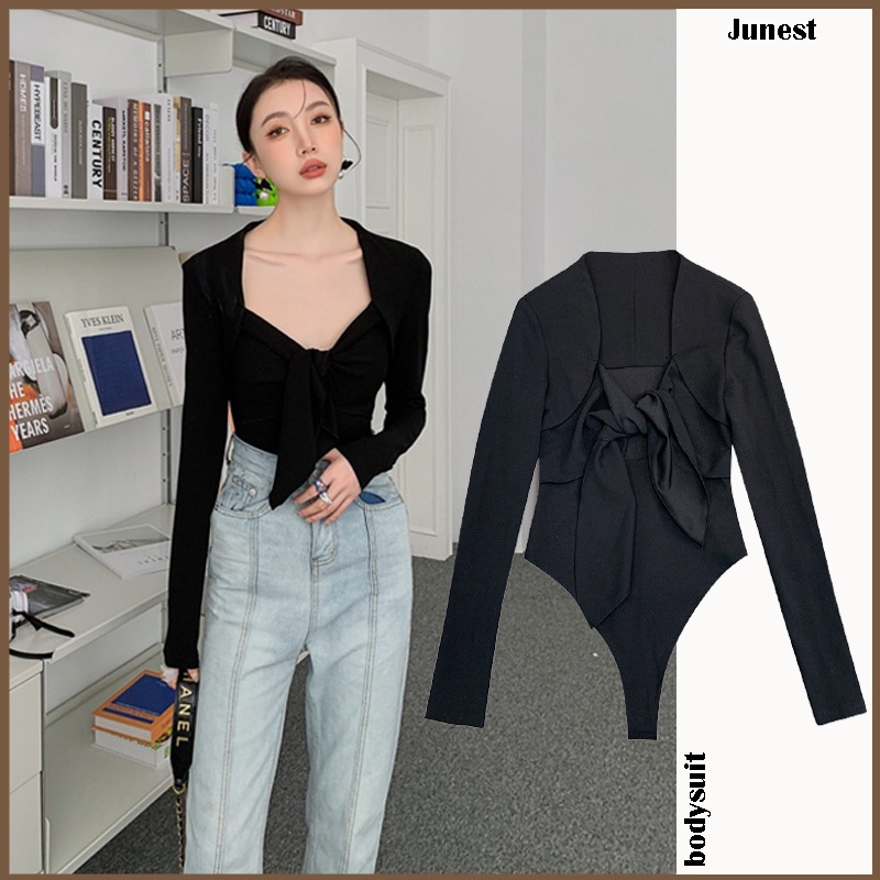Áo bodysuit nữ tay dài JUNEST áo liền quần tay dài cổ vuông nơ ngực Style Sexy B011